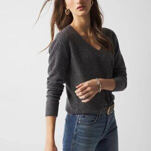 NWOT White House Black Market Grey Rhinestone Embellished Sweater Wool Blend V